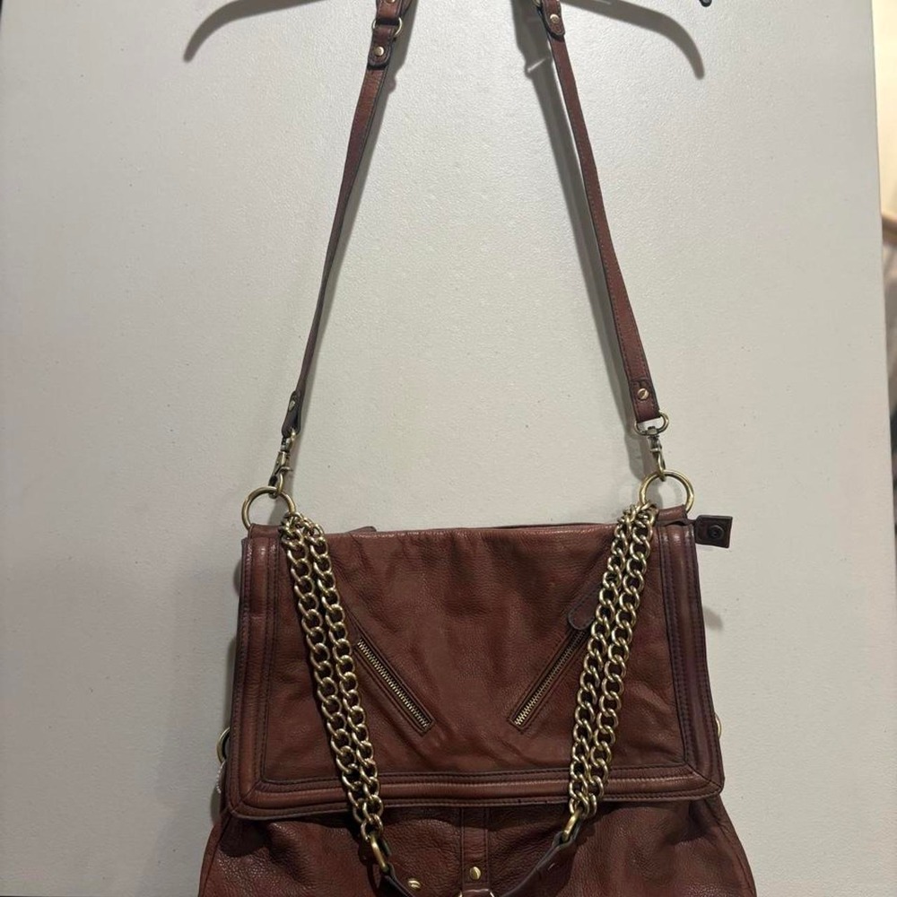 Sabina NY Vtg Brown Leather Foldover/cross body Moto Bag w/ Chunky Gold Chain